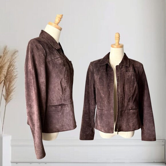Alfani Jackets & Blazers - Alfani Genuine Leather Suede Chocolate Brown Tapered Fit Zip Up Blazer Jacket
